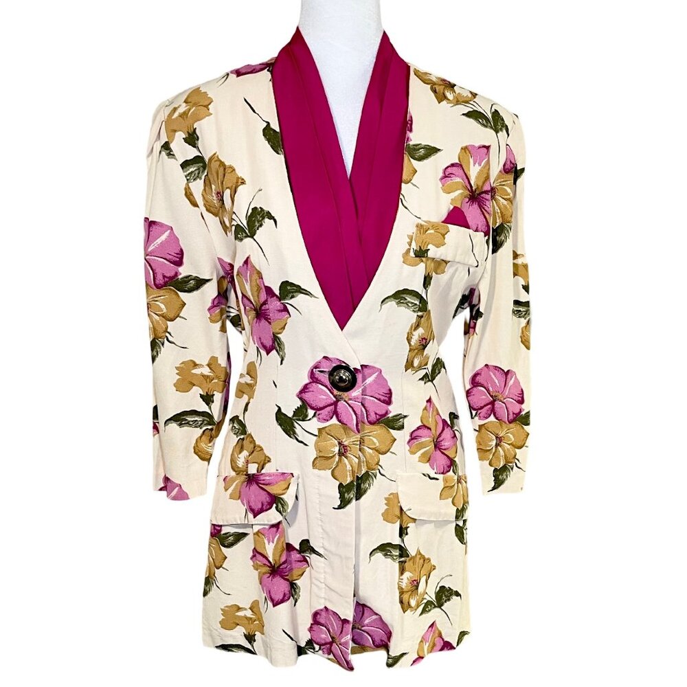 Vintage 90s Fuchsia and Cream Floral Career Button Down Blazer Blouse Size 5/6